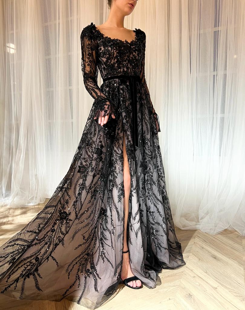 Black A-Line dress with long sleeves, embroidery and lace