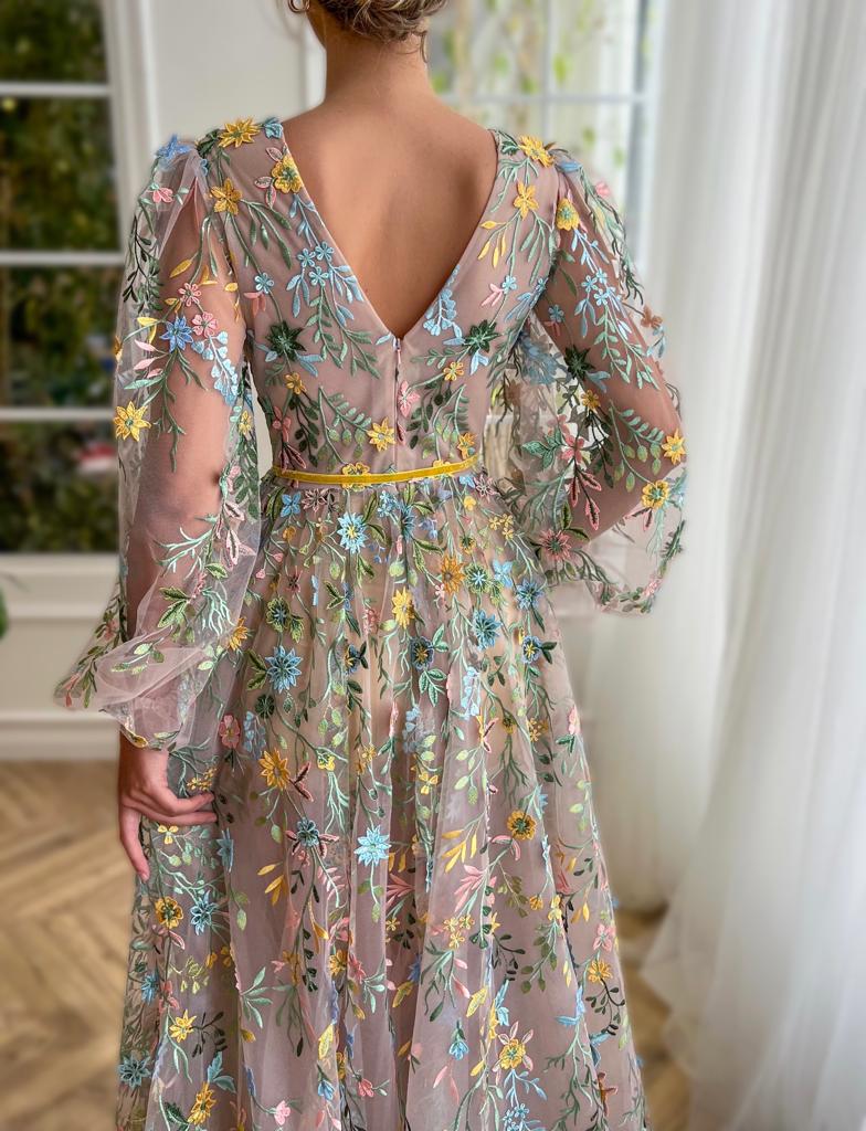 Beige A-Line dress with v-neck, long sleeves and floral embroidery
