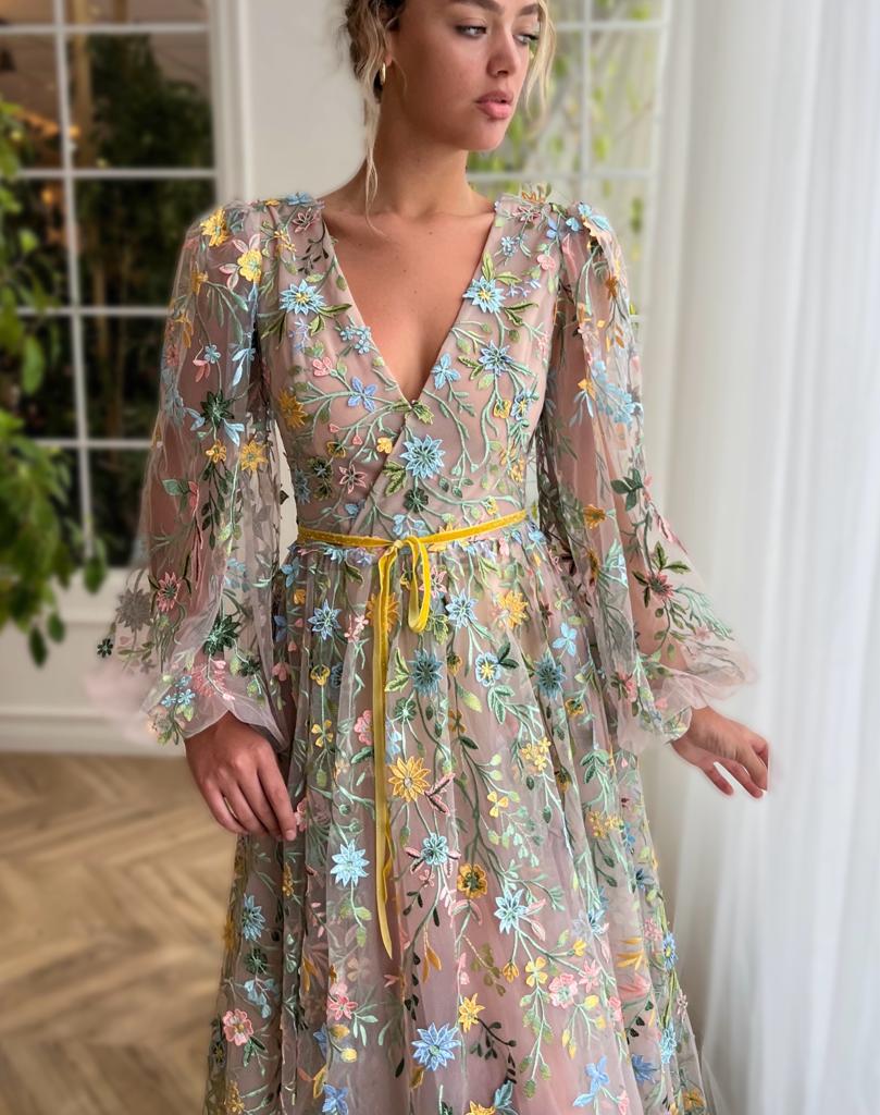 Beige A-Line dress with v-neck, long sleeves and floral embroidery