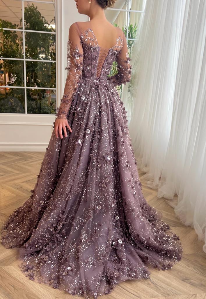 Purple overskirt dress with long sleeves and embroidery