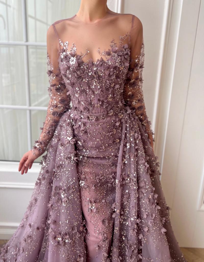 Purple overskirt dress with long sleeves and embroidery