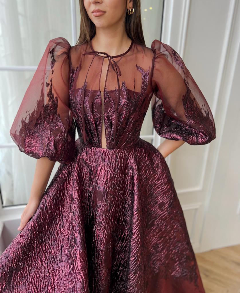 Bordeaux Brocade Puff Sleeve Gown | Teuta Matoshi