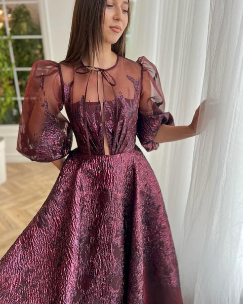 Bordeaux Brocade Puff Sleeve Gown | Teuta Matoshi