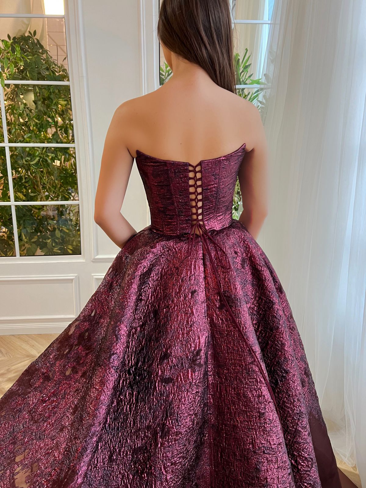 Purple A-Line dress with brocade fabric and no sleeves