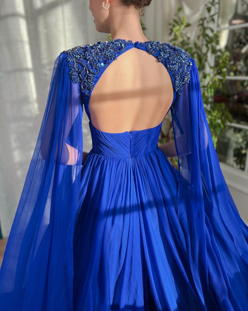 Blue A-Line dress with v-neck, drape, embroidery and cape sleeves