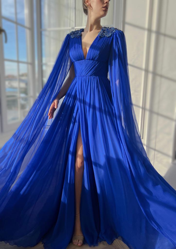 Blue A-Line dress with v-neck, drape, embroidery and cape sleeves