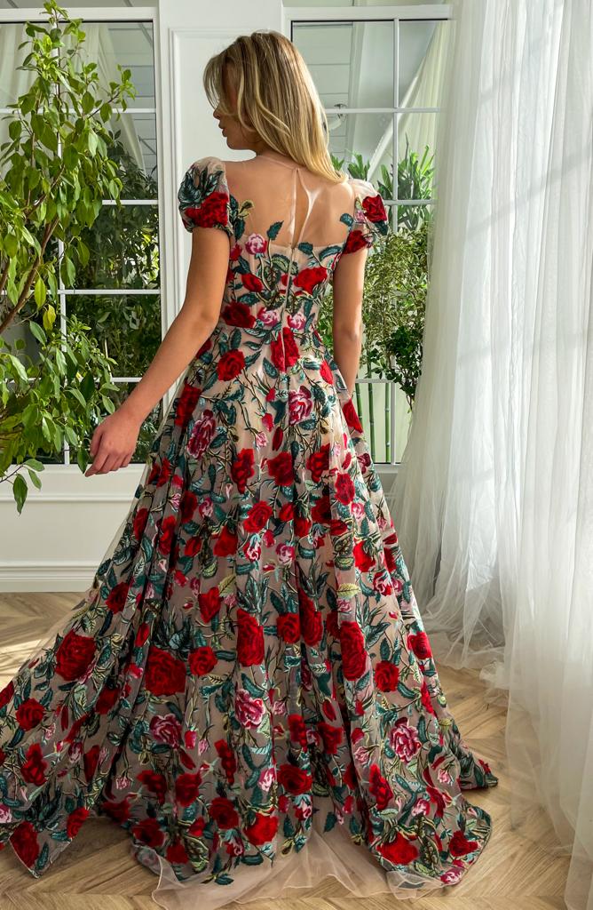 Colorful A-Line dress with floral roses and cap sleeves