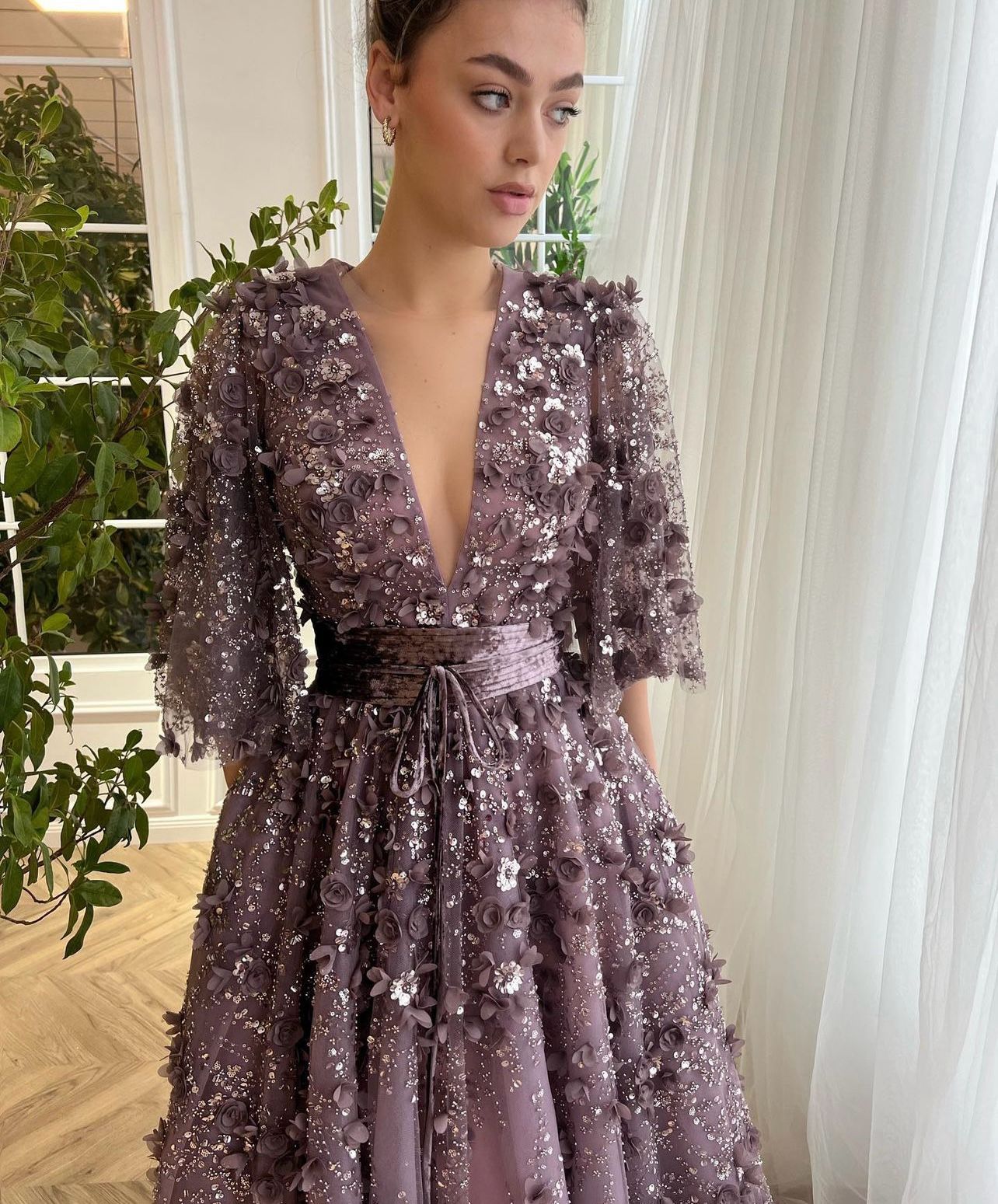 Purple A-Line dress with short sleeves, v-neck and embroidery