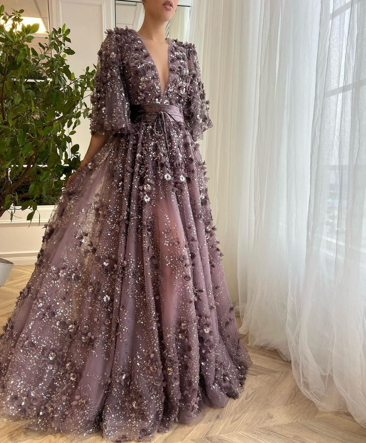 Purple A-Line dress with short sleeves, v-neck and embroidery