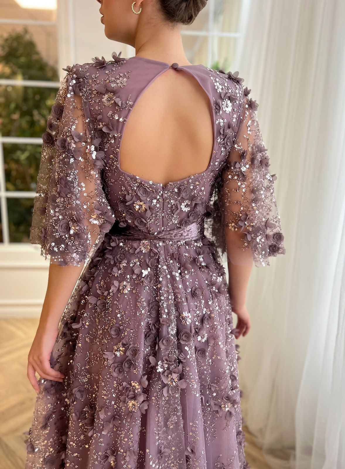Purple A-Line dress with short sleeves, v-neck and embroidery