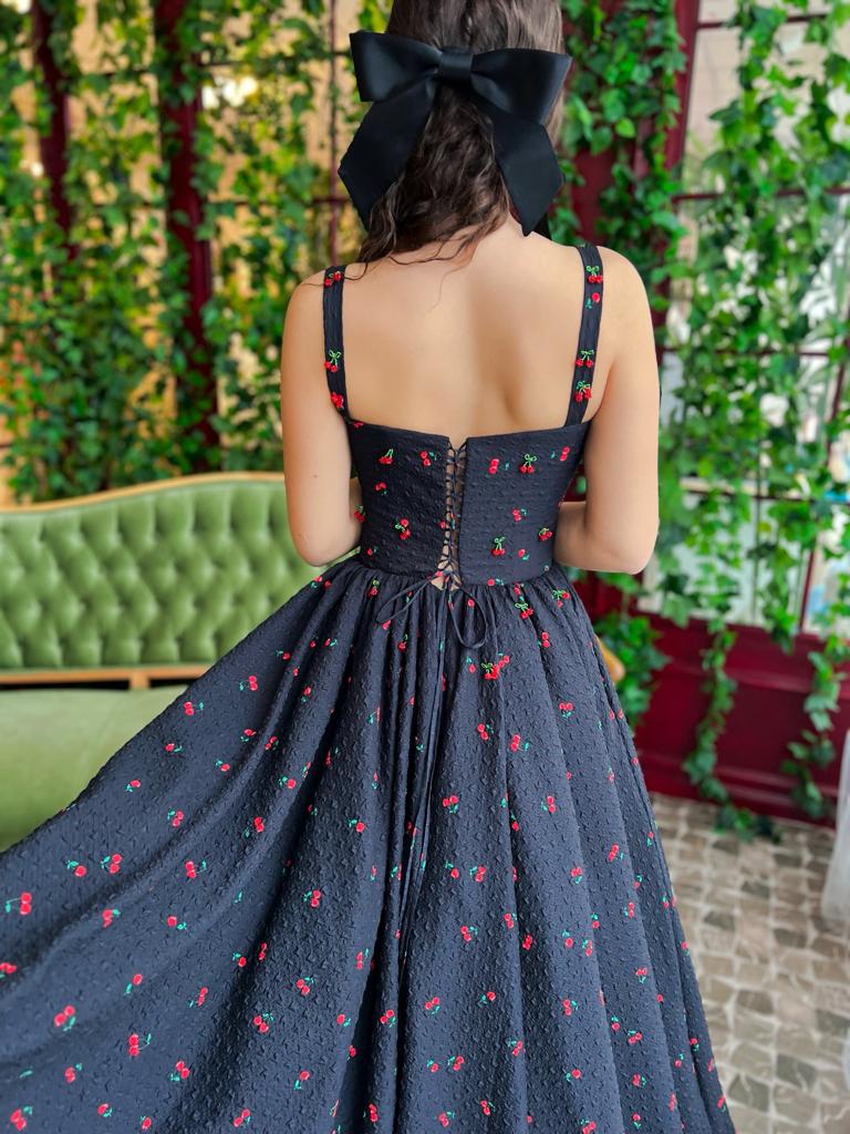 Black midi dress with embroidered cherries and straps