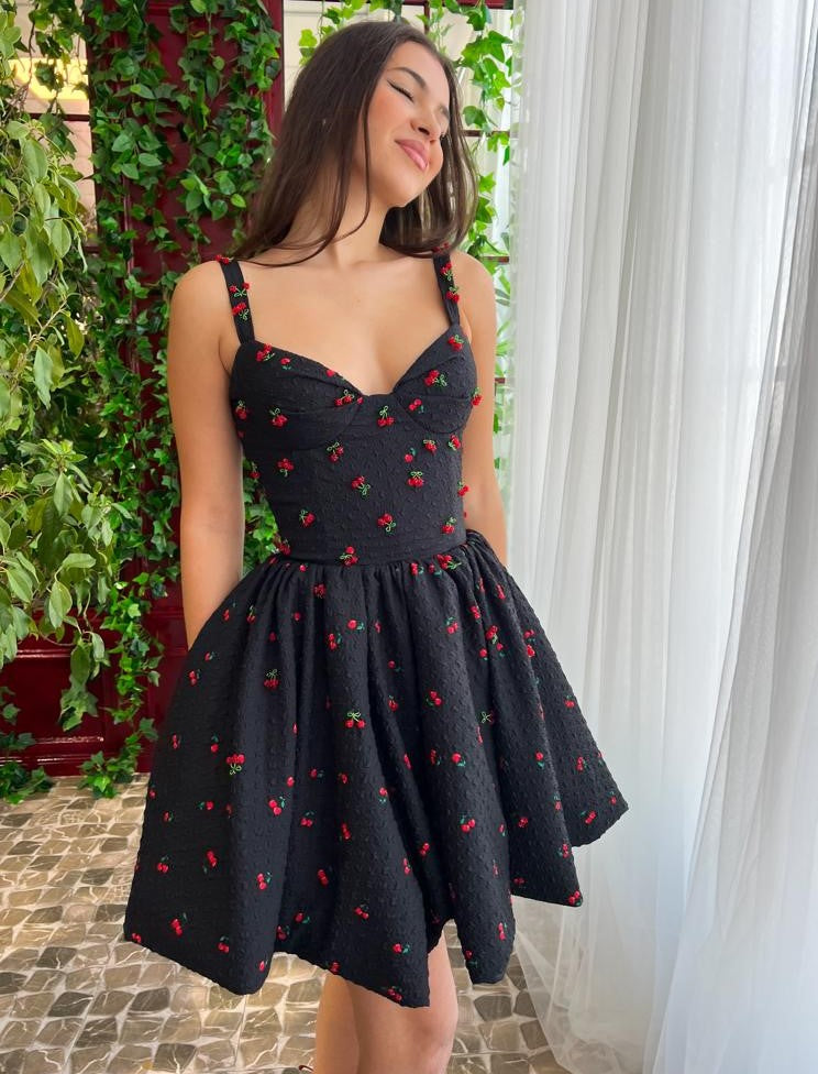 Black mini dress with embroidered cherries and straps