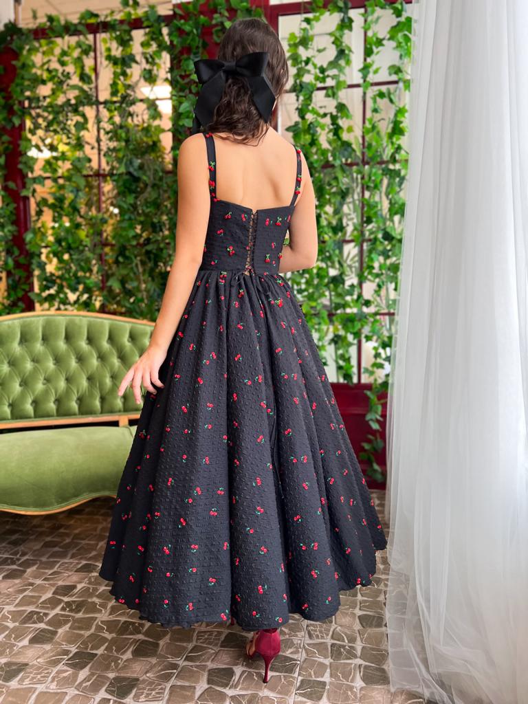 Black midi dress with embroidered cherries and straps