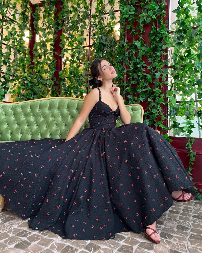 Black midi dress with embroidered cherries and straps