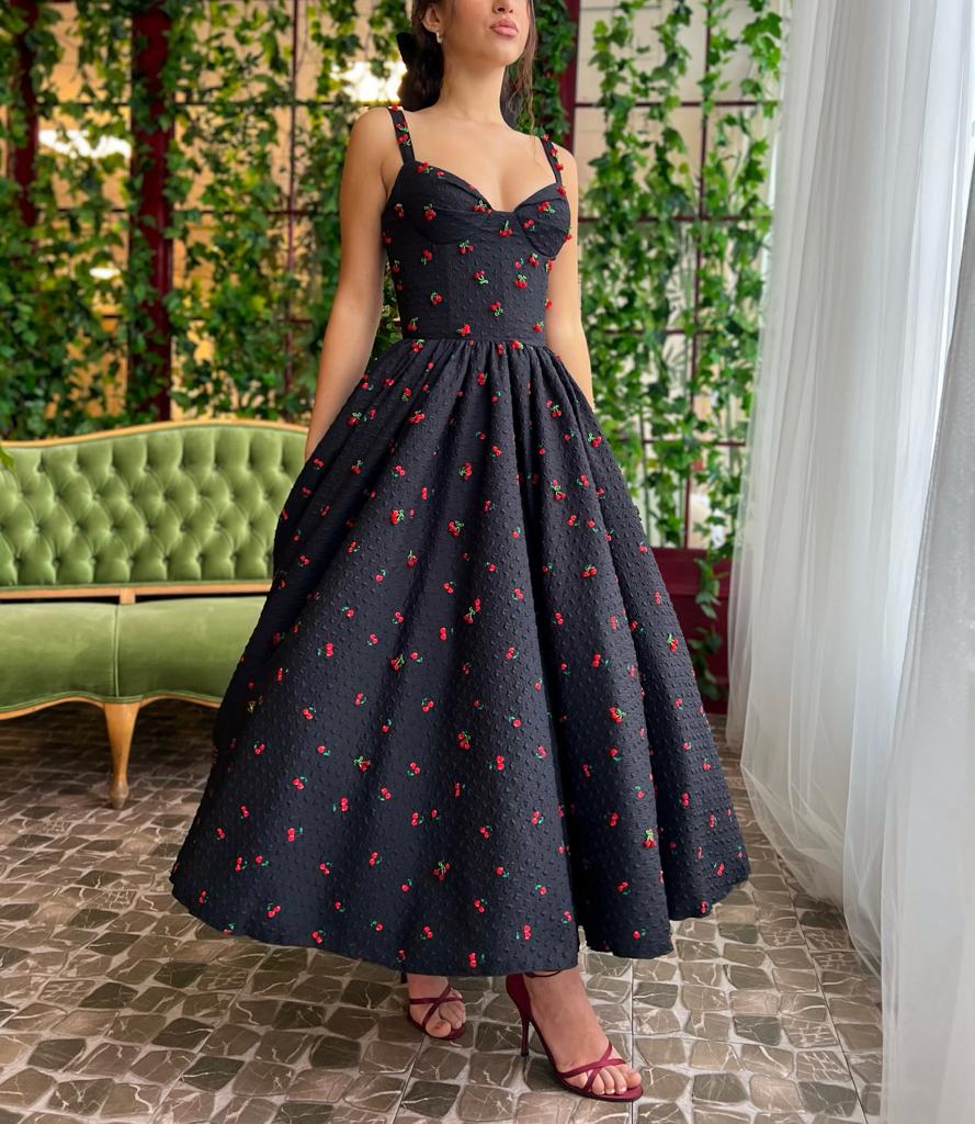 Black midi dress with embroidered cherries and straps