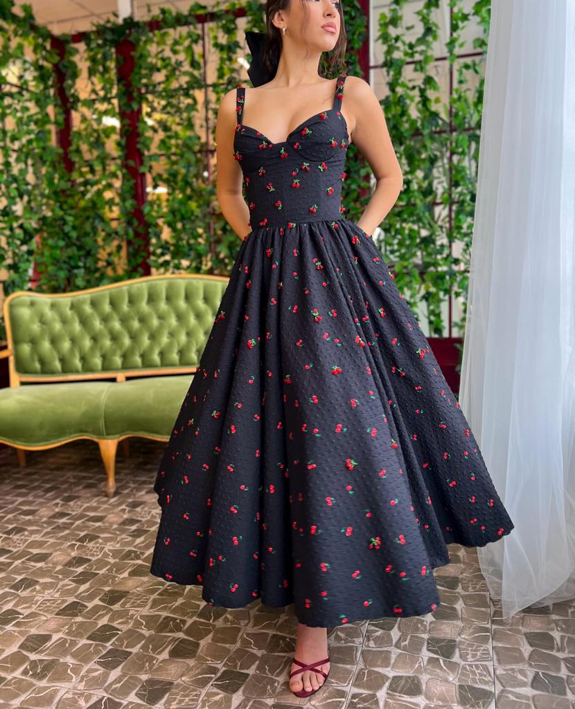 Black midi dress with embroidered cherries and straps