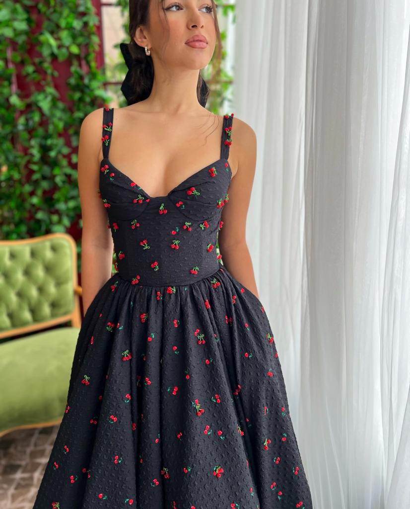 Black midi dress with embroidered cherries and straps