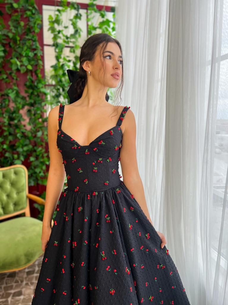 Black midi dress with embroidered cherries and straps