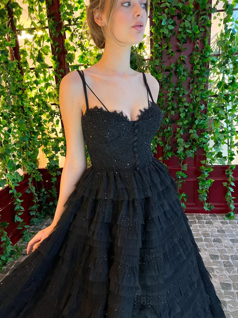 Black A-Line dress with spaghetti straps, embroidery and ruffles