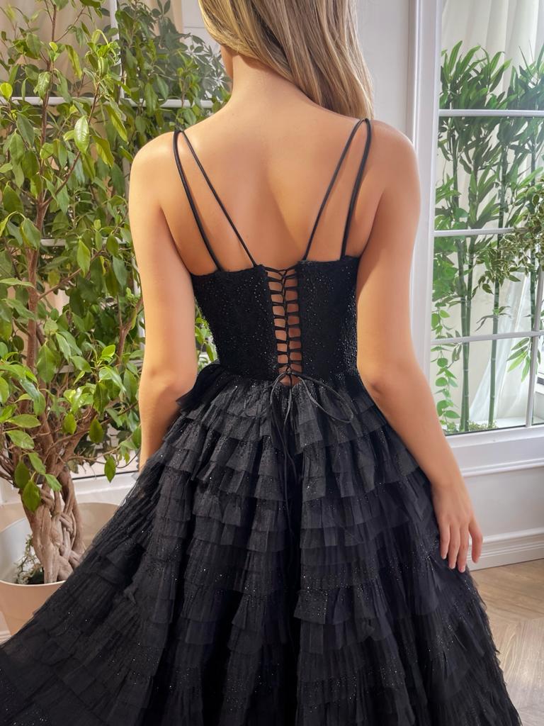 Black A-Line dress with spaghetti straps, embroidery and ruffles