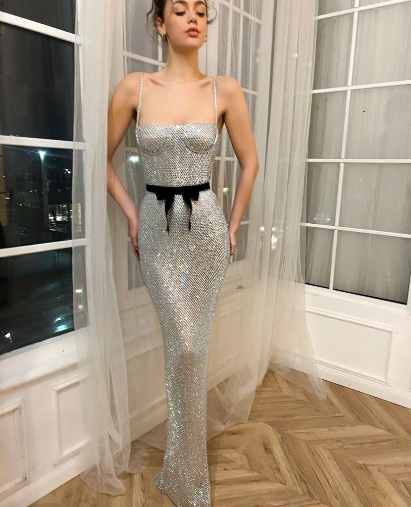 silver mermaid dress with sequins and straps