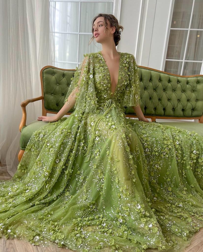 Green A-Line dress with v-neck, short sleeves and embroidery