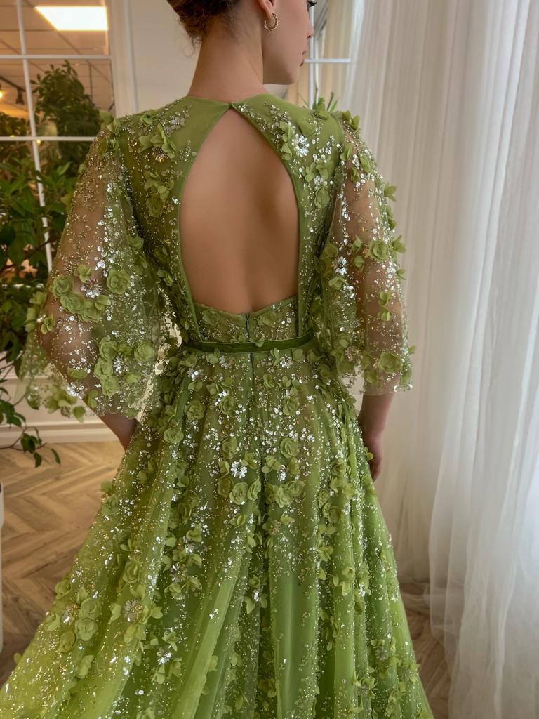 Green A-Line dress with v-neck, short sleeves and embroidery