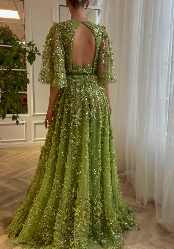 Green A-Line dress with v-neck, short sleeves and embroidery