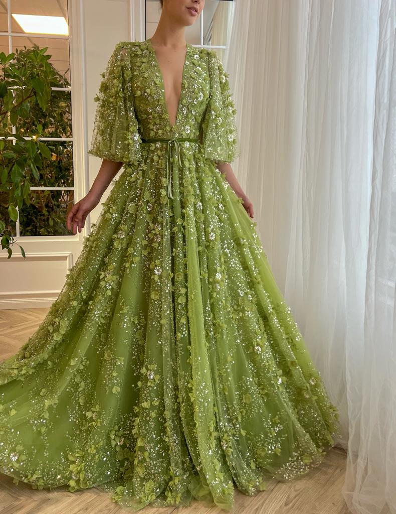 Green A-Line dress with v-neck, short sleeves and embroidery