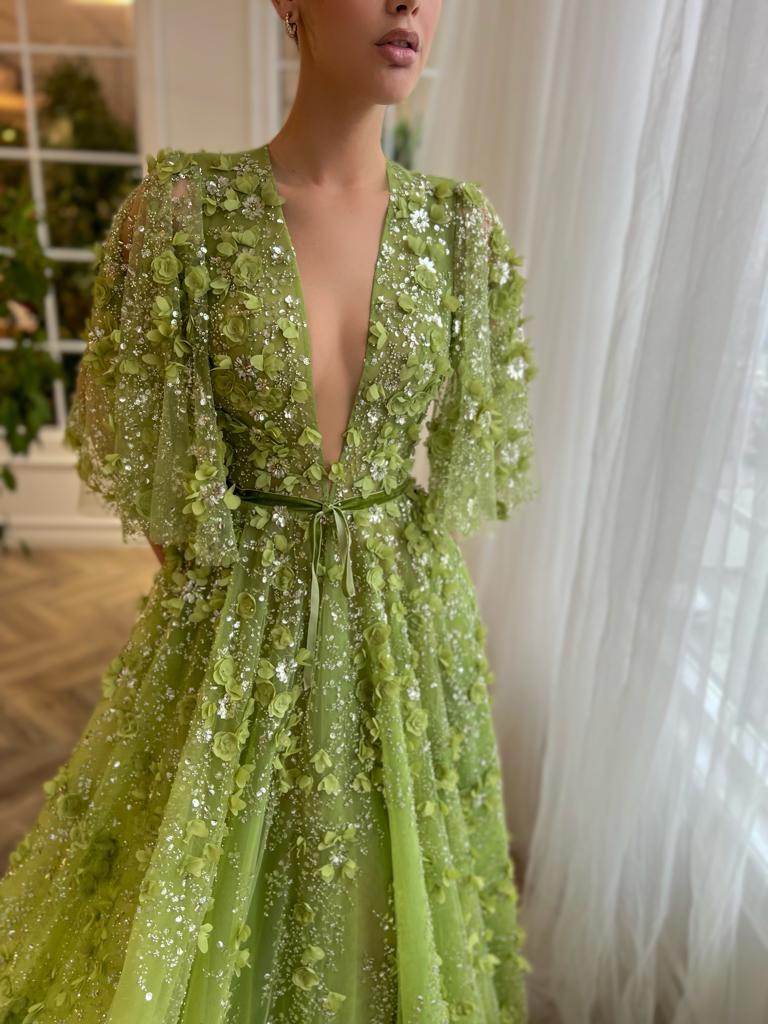 Green A-Line dress with v-neck, short sleeves and embroidery