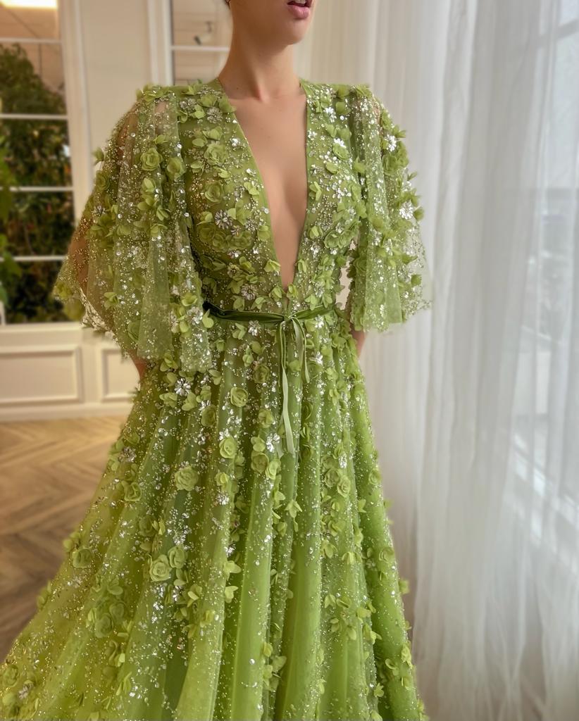 Green A-Line dress with v-neck, short sleeves and embroidery
