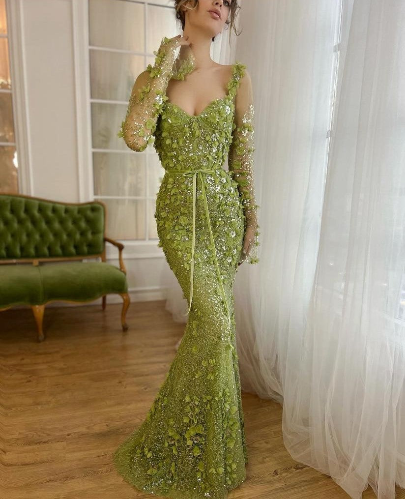 Green mermaid dresses with embroidery and long sleeves