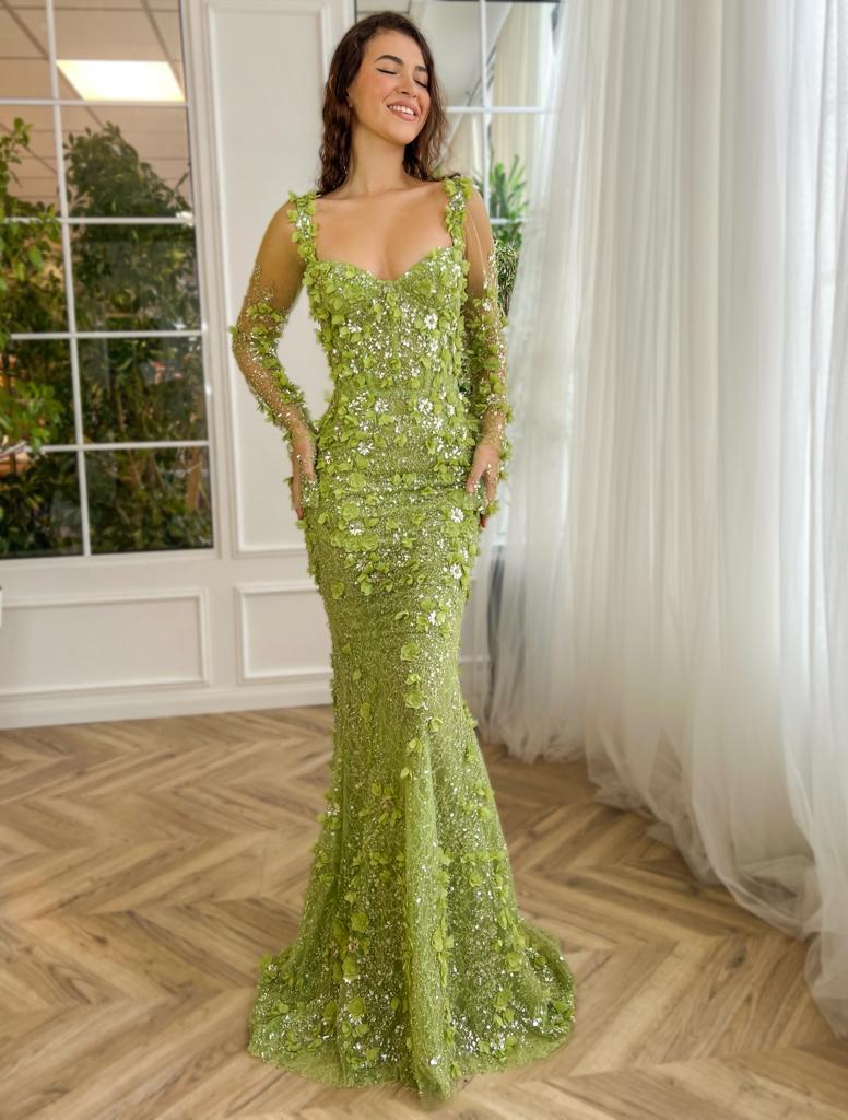 Green mermaid dresses with embroidery and long sleeves