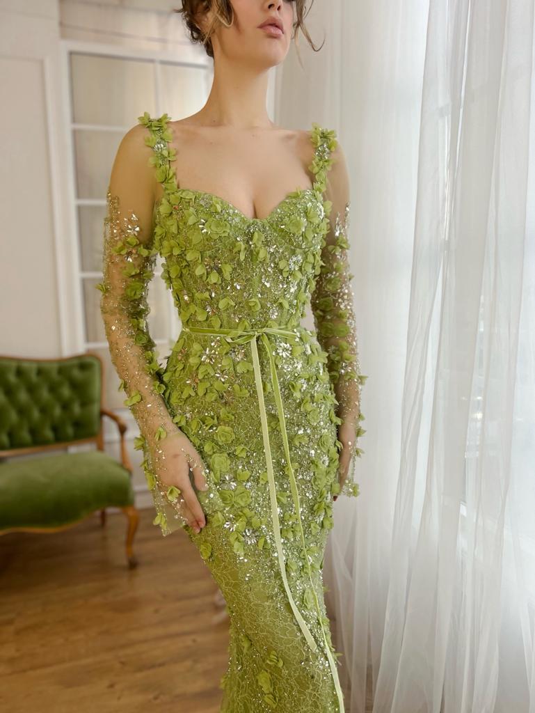 Green mermaid dresses with embroidery and long sleeves