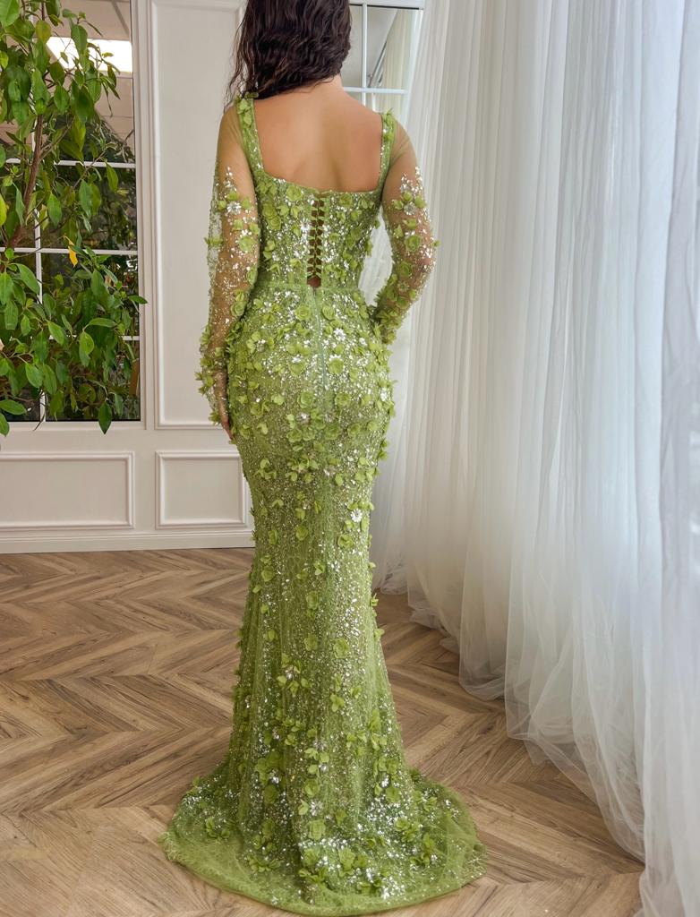 Green mermaid dresses with embroidery and long sleeves