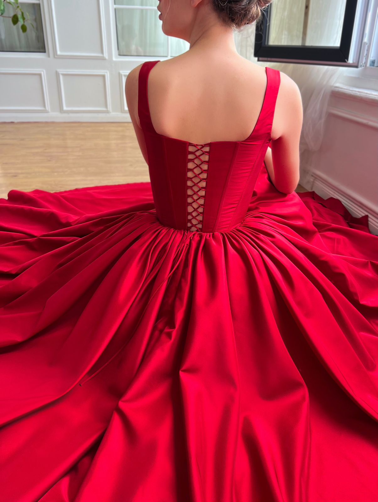 Red A-Line dress with straps made from taffeta fabric and gloves
