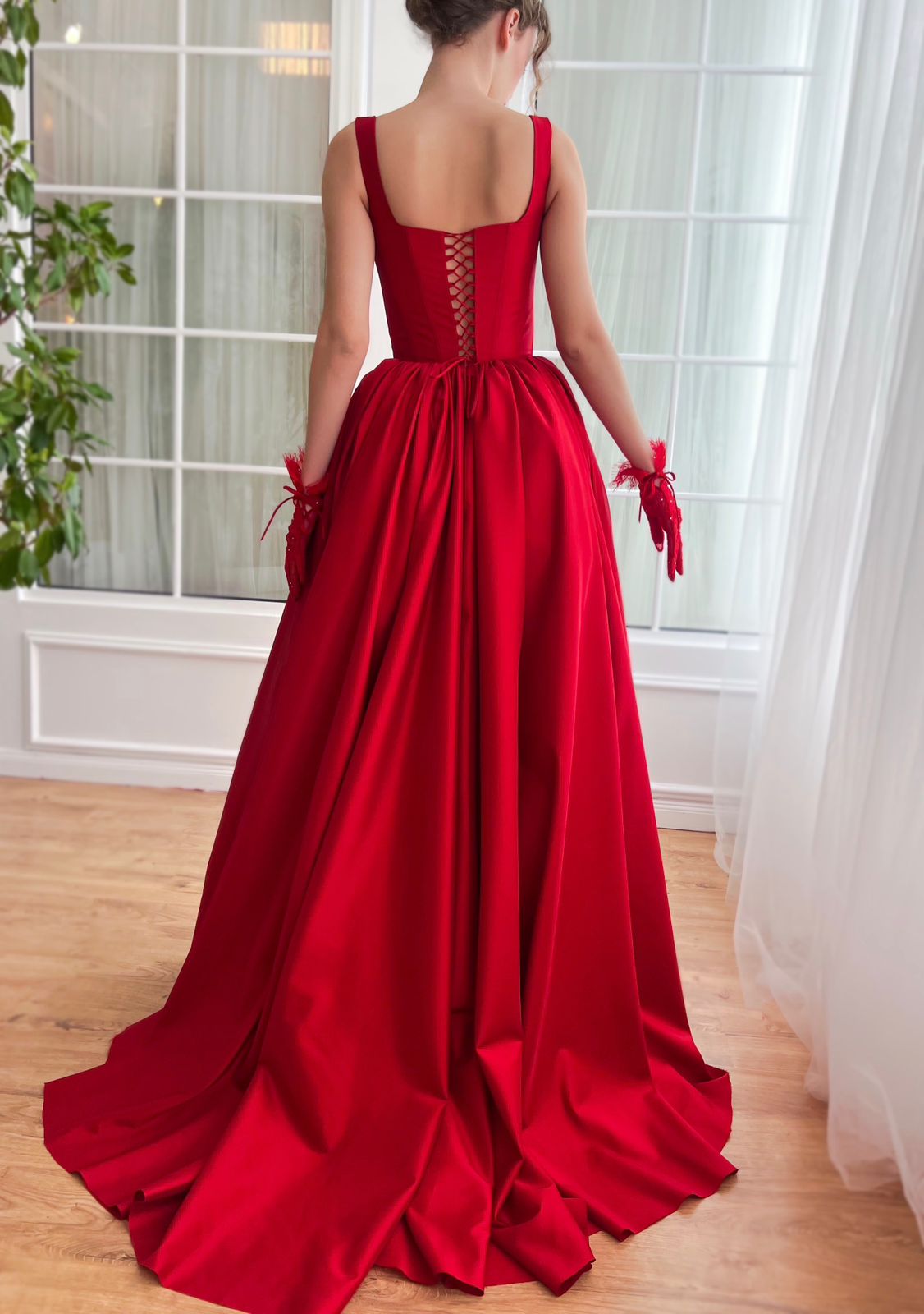 Red A-Line dress with straps made from taffeta fabric and gloves