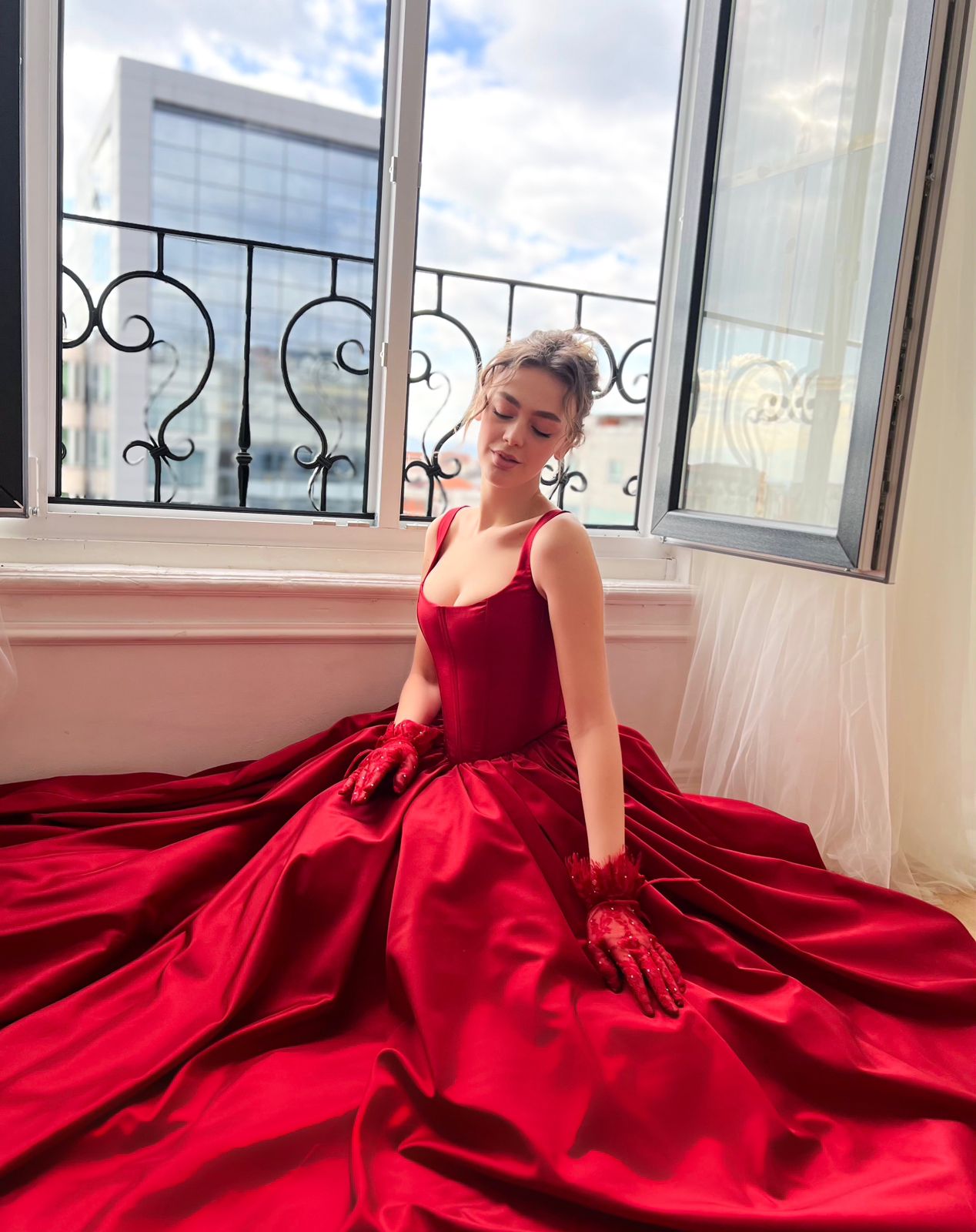 Red A-Line dress with straps made from taffeta fabric and gloves