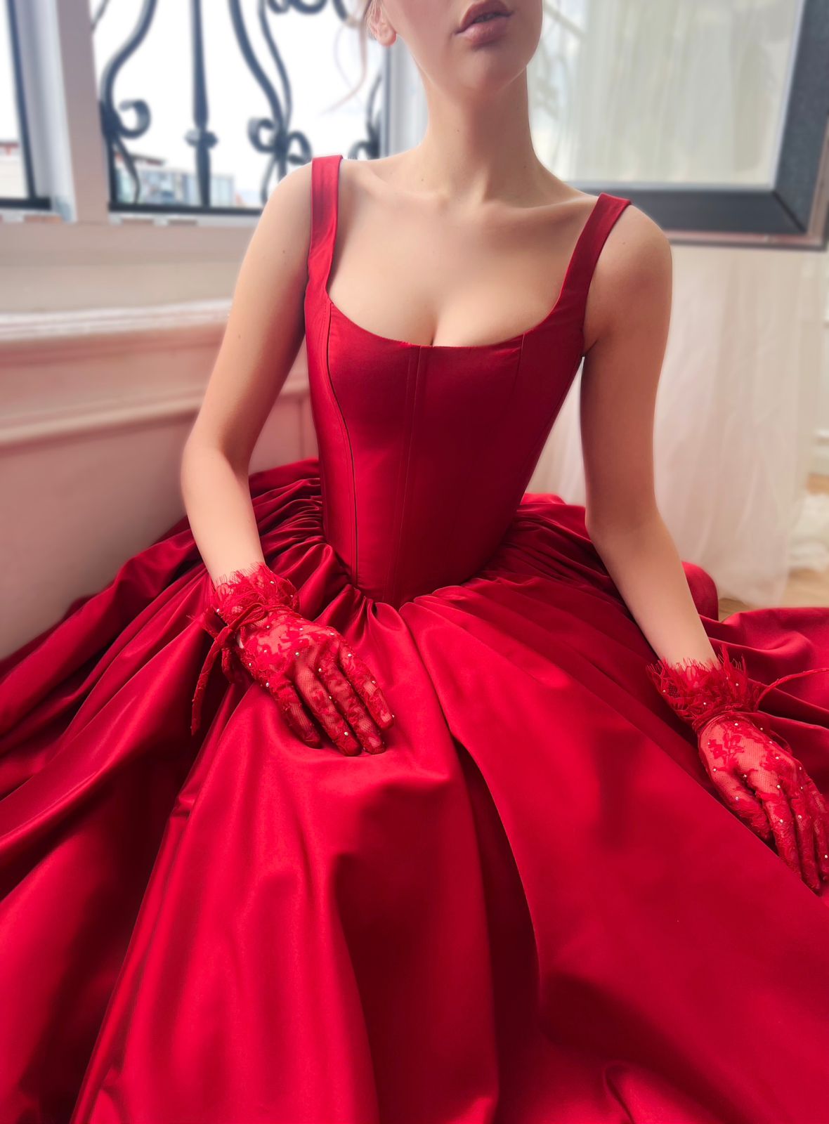 Red A-Line dress with straps made from taffeta fabric and gloves