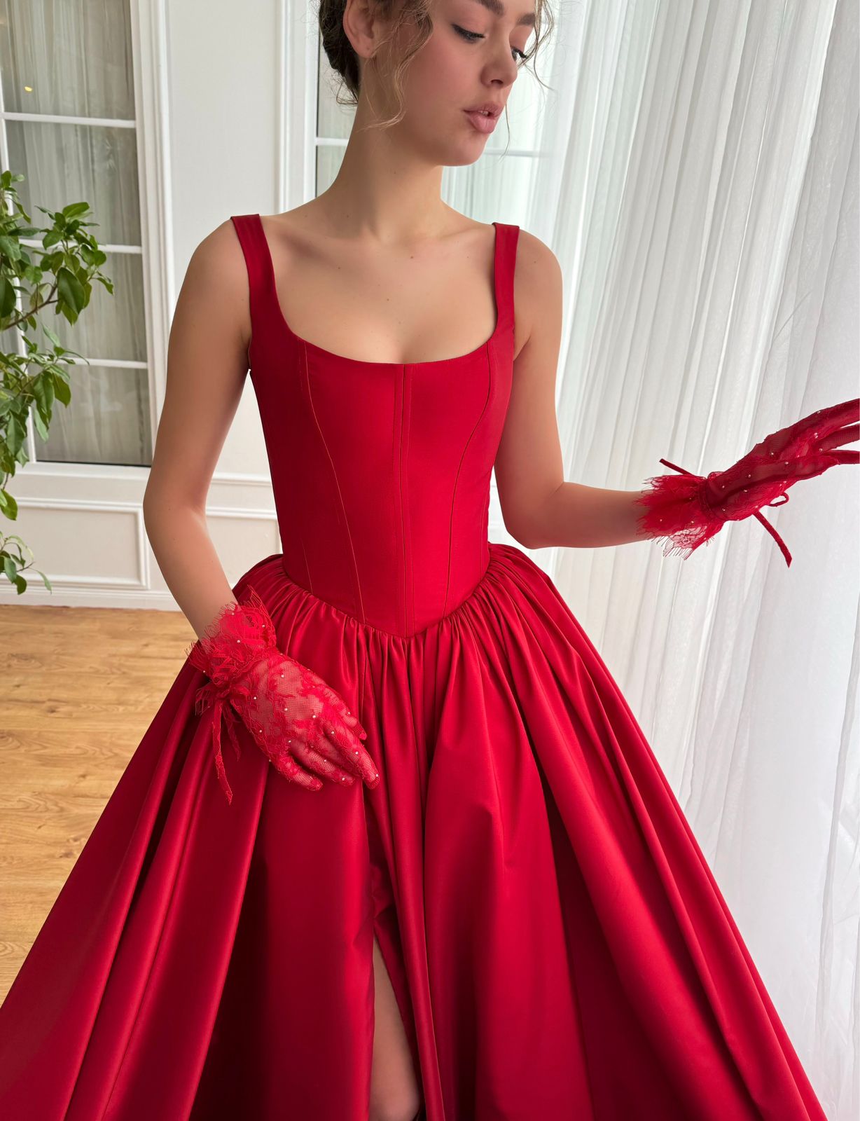 Red A-Line dress with straps made from taffeta fabric and gloves