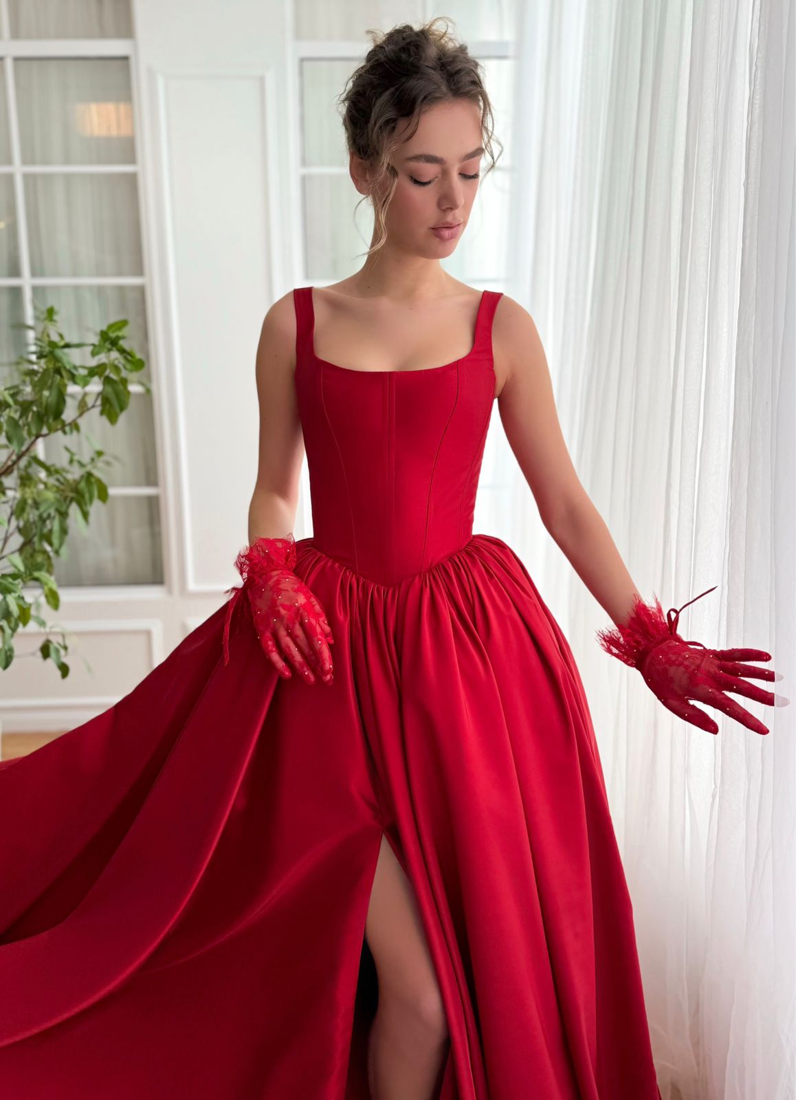 Red A-Line dress with straps made from taffeta fabric and gloves