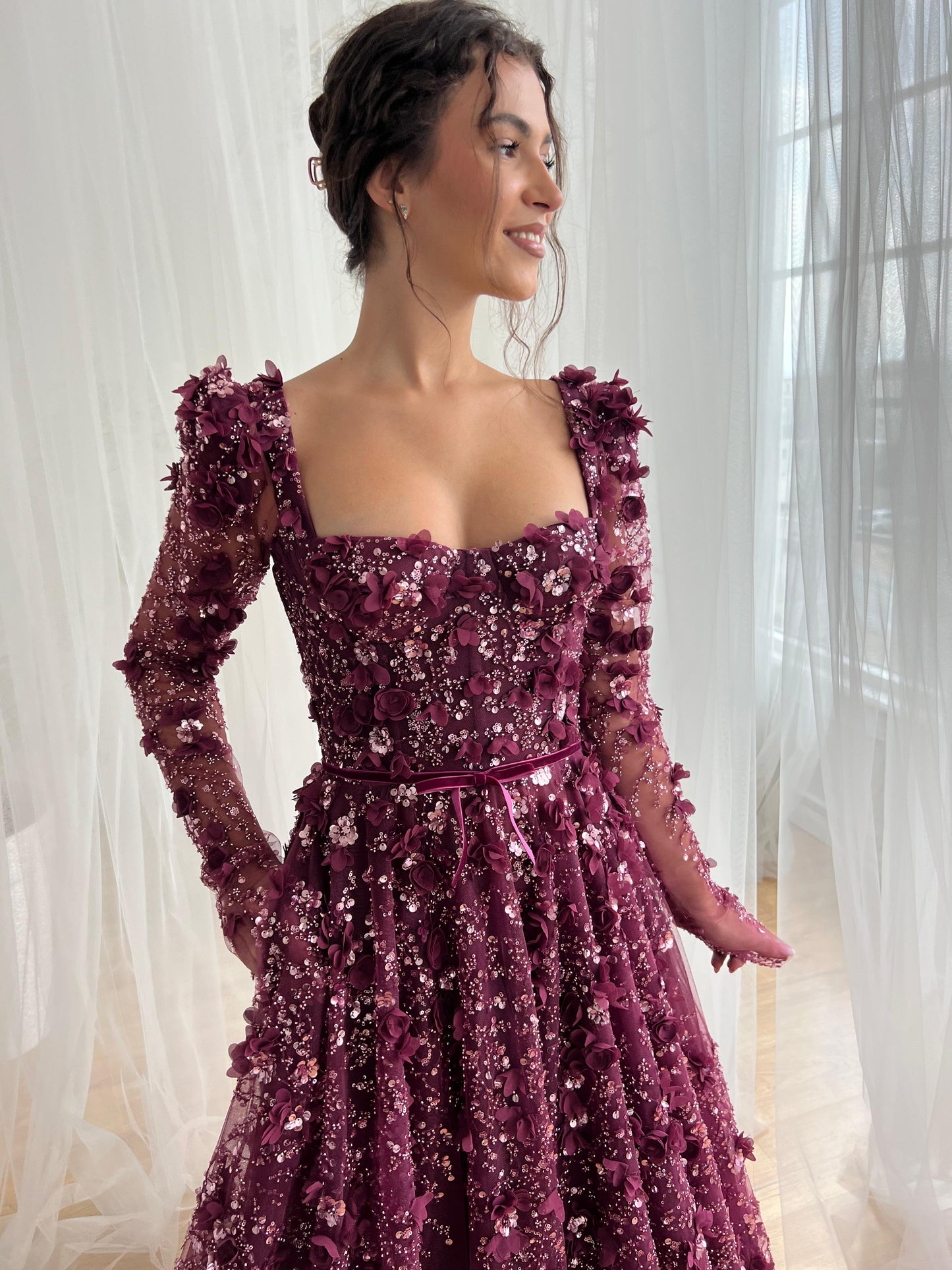 Purple A-Line dress with long sleeves and embroidery
