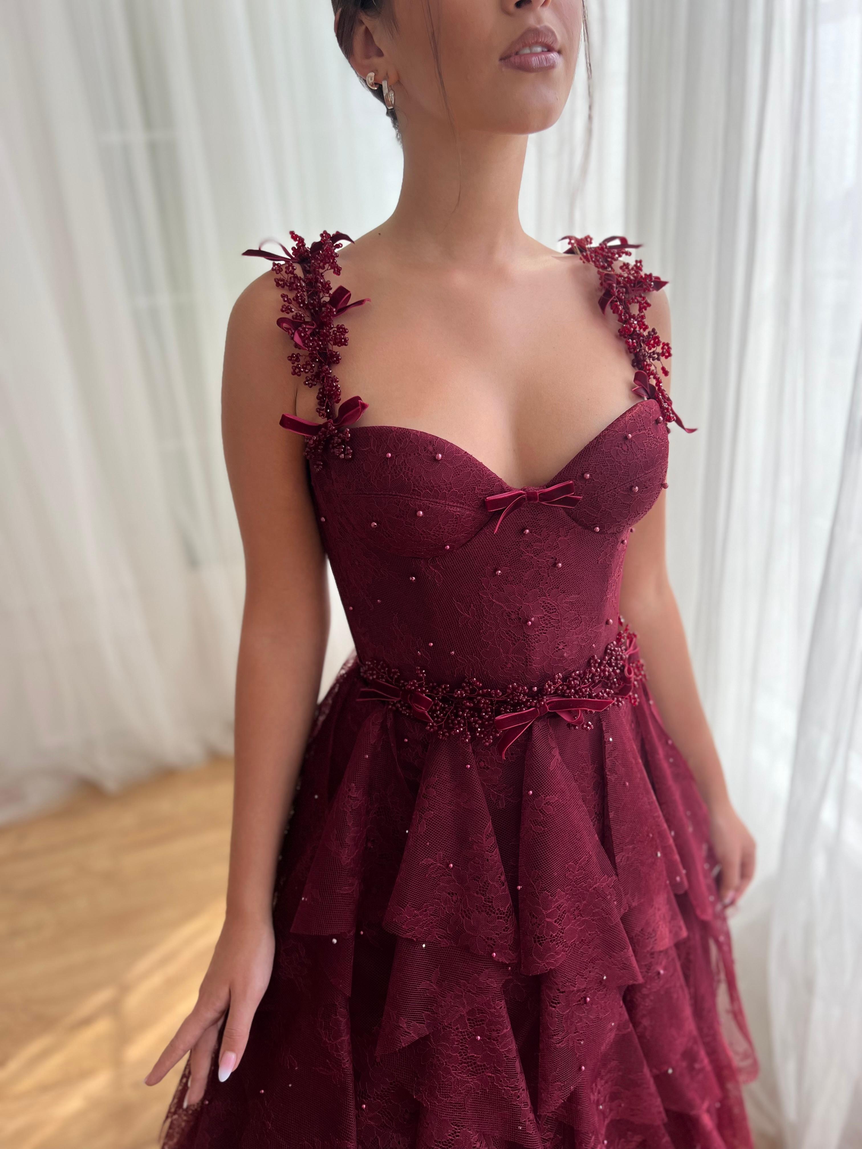 Burgundy Dantelle Ruffle Gown Teuta Matoshi Burgundy Dantelle Ruffle Gown Teuta Matoshi