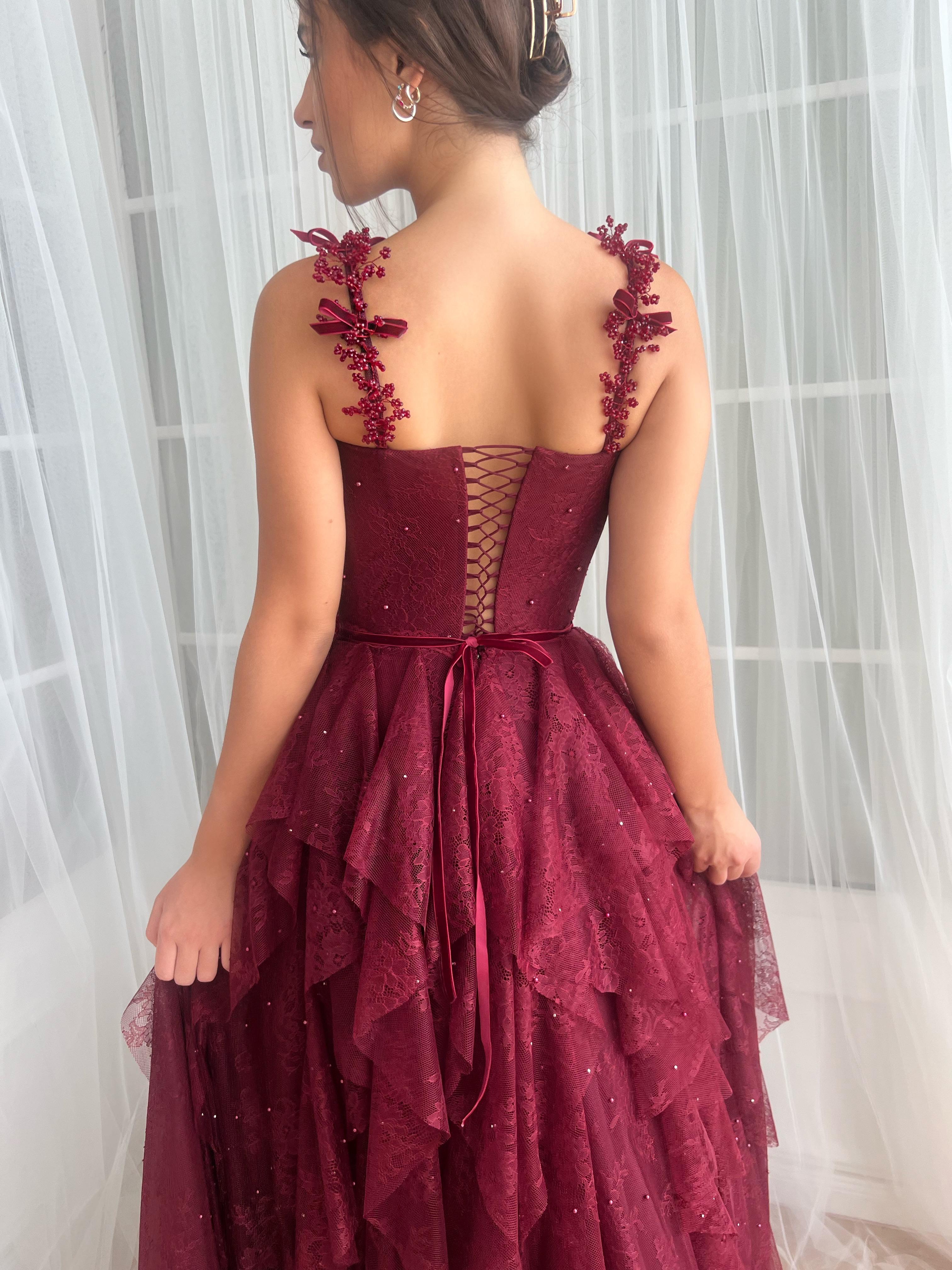 burgundy tulle dress Burgundy Dantelle Ruffle Gown– Teuta Matoshi