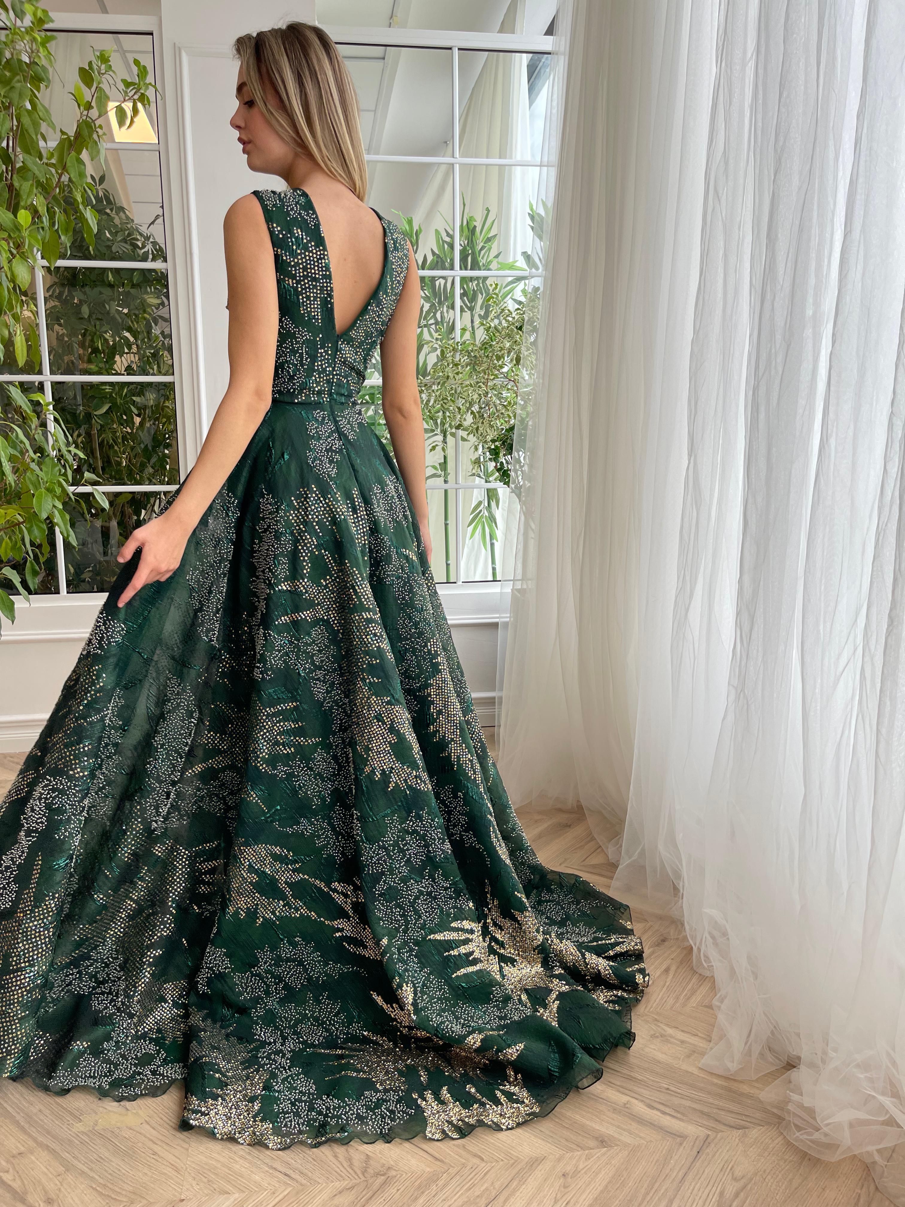 pine green dress Pine Green Dress with Layered Side Slit Tulle L