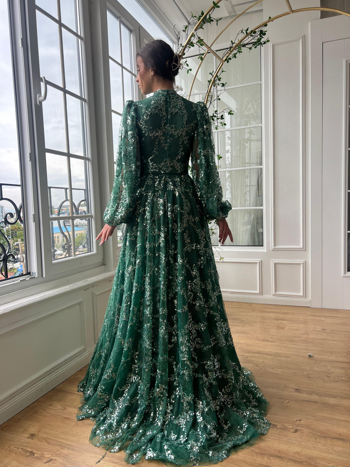 Green A-Line dress with long sleeves, sequins and embroidery