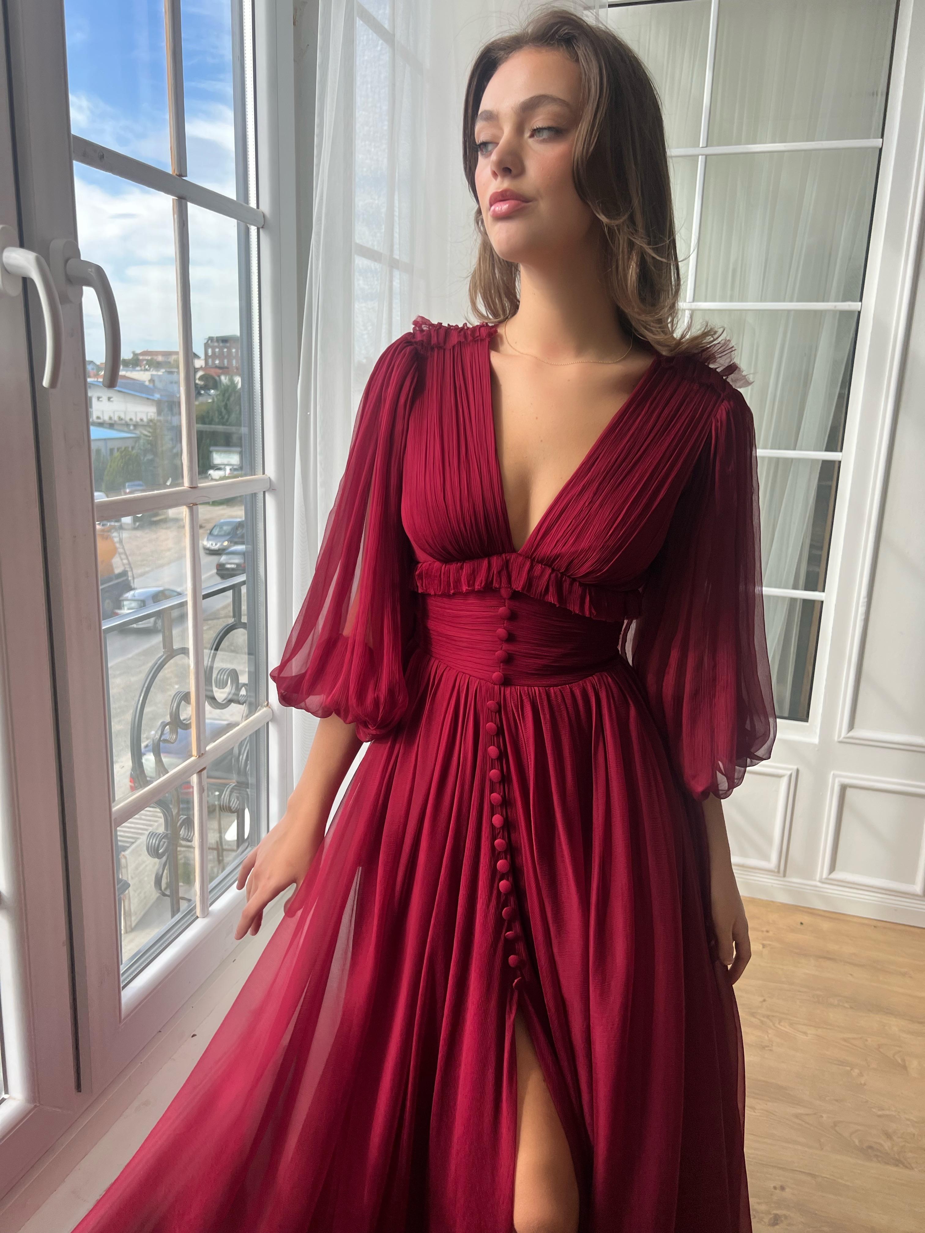 red dress a line with sleeves A-Line Puff Sleeves Organza Burgundy Long Prom Dress, Burgundy Long Evening Dress US 10 / Custom Color