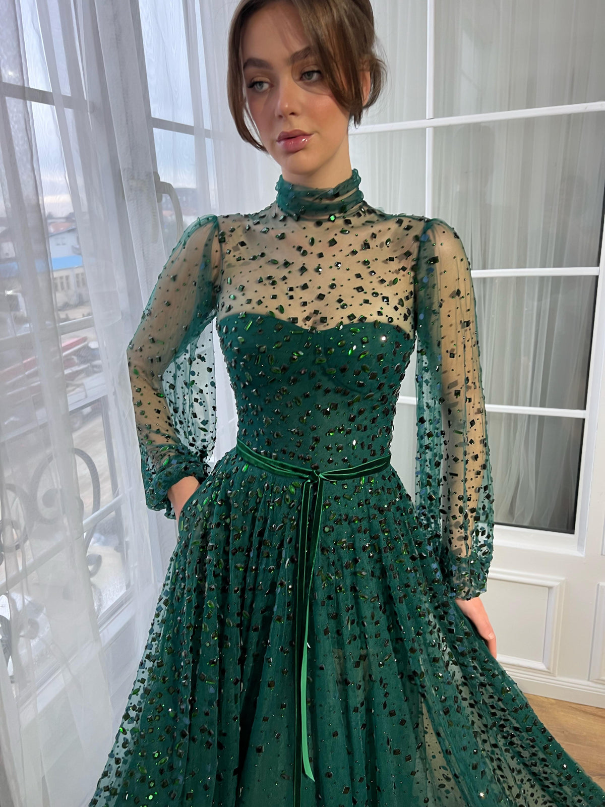 green corset dress with sleeves Gemstone Gown – Teuta Matoshi heelheight:flat