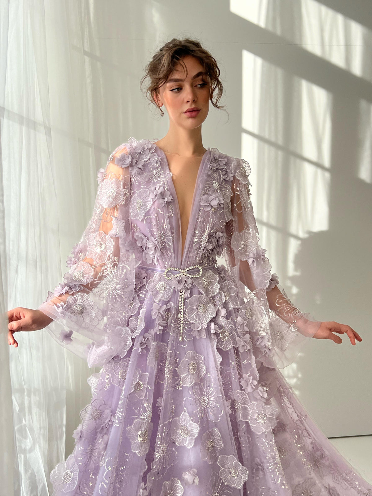 Purple A-Line dress with long sleeves, embroidery and v-neck