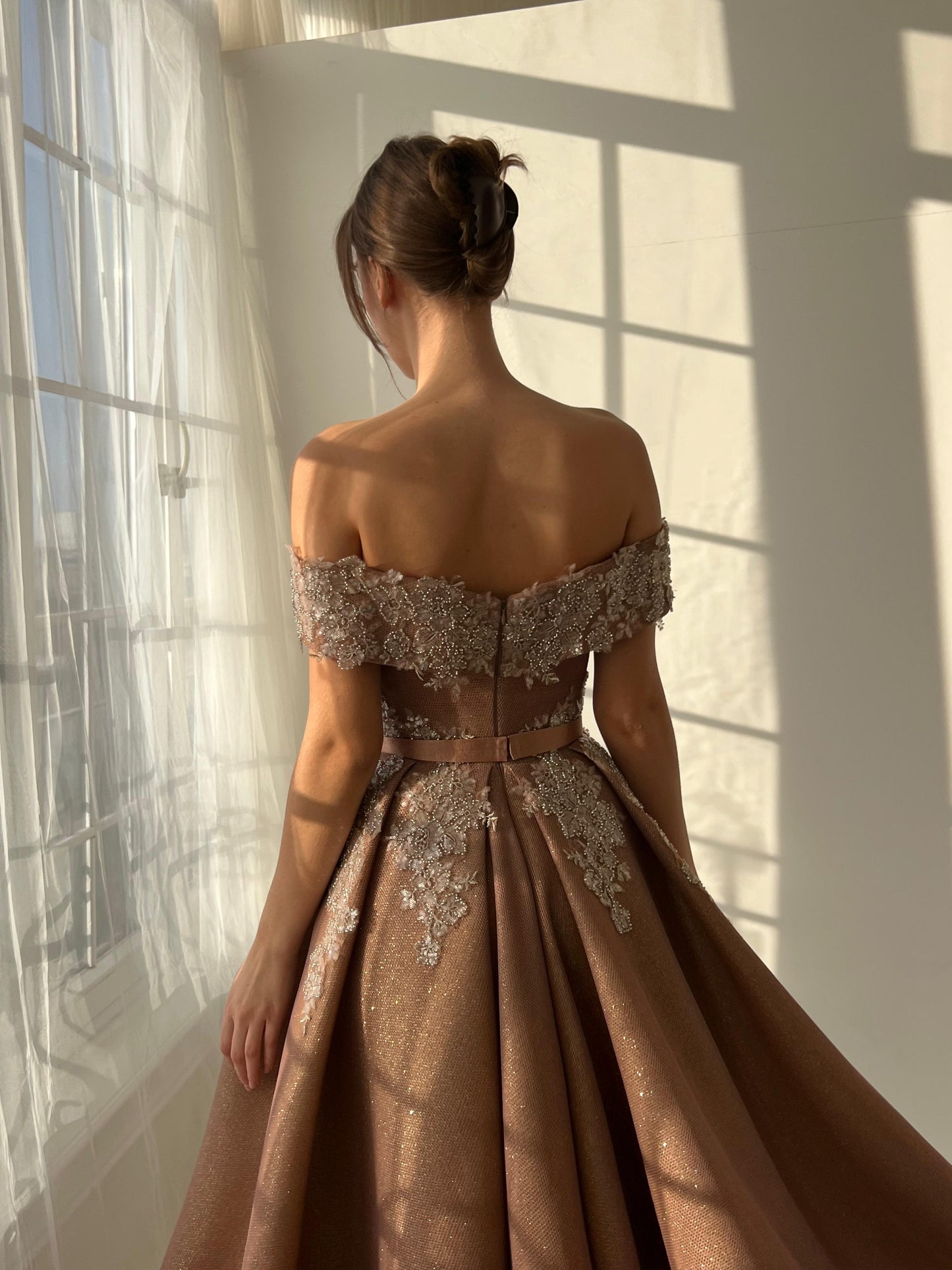 Brown A-Line dress with off the shoulder sleeves and embroidery